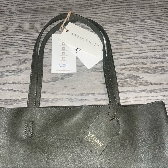 NWT Antik Kraft Olive Green Vegan Leather Tote Bag (1) - Picture 3 of 5